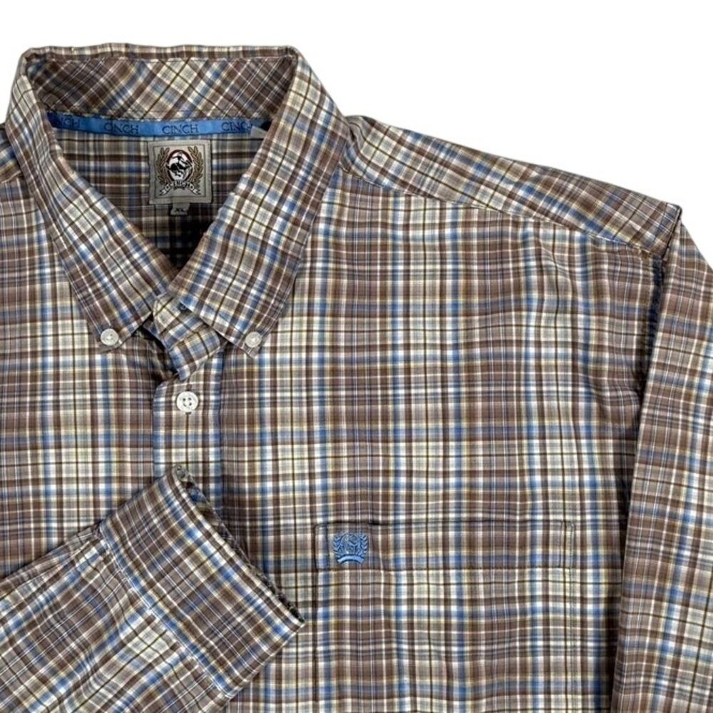 Cinch Plaid Button Down Shirt Brown Blue Long Sleeve Western Cotton Mens XL